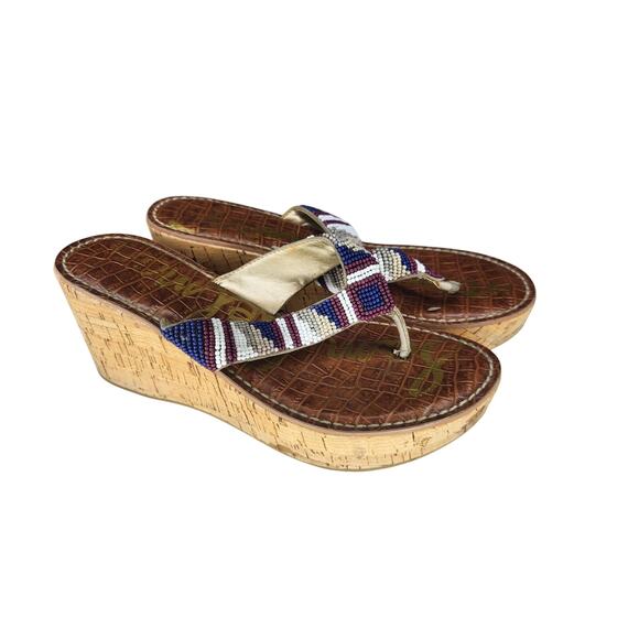 Sam Edelman Rosa Cork Platform Wedge Thong Sandals Beaded Boho Tribal - Picture 3 of 5